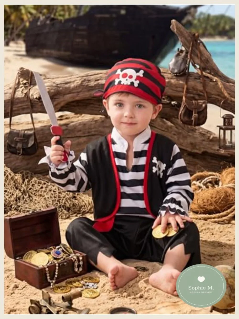 Infant Pirate Costume Set with Vest, Shirt, Pants & Fabric Knife - Halloween